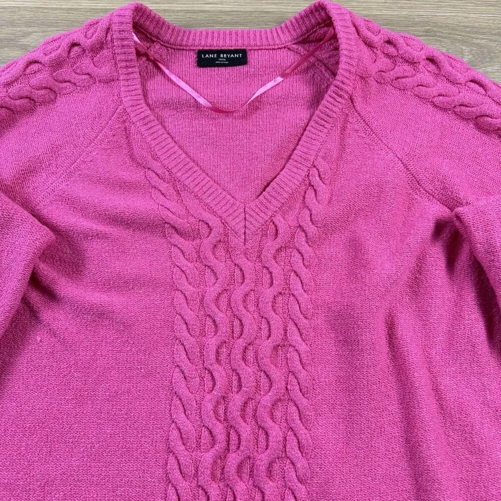 Lane Bryant Sweater Women 26/28 Hot Pink Cable Knit Ribbed Hems Tunic Vneck